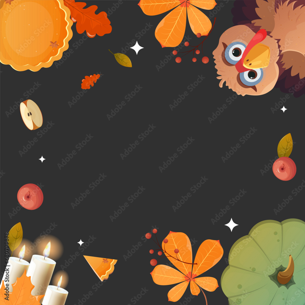 Vector illustration features a cheerful autumnal Thanksgiving design with pumpkins and turkeys