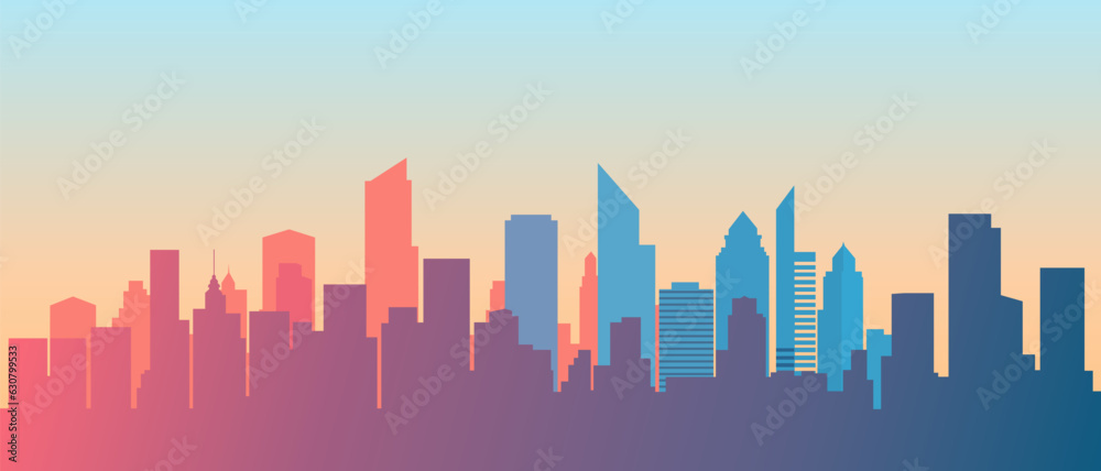 Cityscape of buildings silhouettes. Silhouette of a colorful metropolis. Business district of the city. Vector illustration.