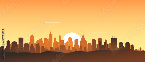 Urban panoramic landscape with tall skyscrapers, office buildings in the desert. Silhouettes of the metropolis in the desert. vector illustration.