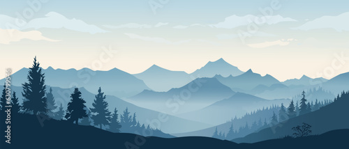 Fototapeta Naklejka Na Ścianę i Meble -  Mountain landscape. Beautiful landscape with silhouettes of mountains, hills, forests in the fog and clouds in the sky. Vector illustration.