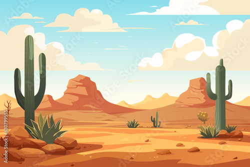 Landscape of the wild west. Beautiful desert landscape with sandstones and cacti. Vector illustration