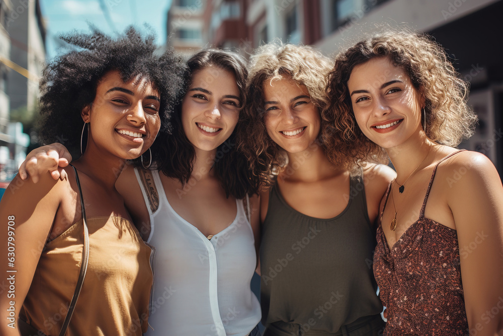 Obraz premium Group of multiracial woman standing together in city street.