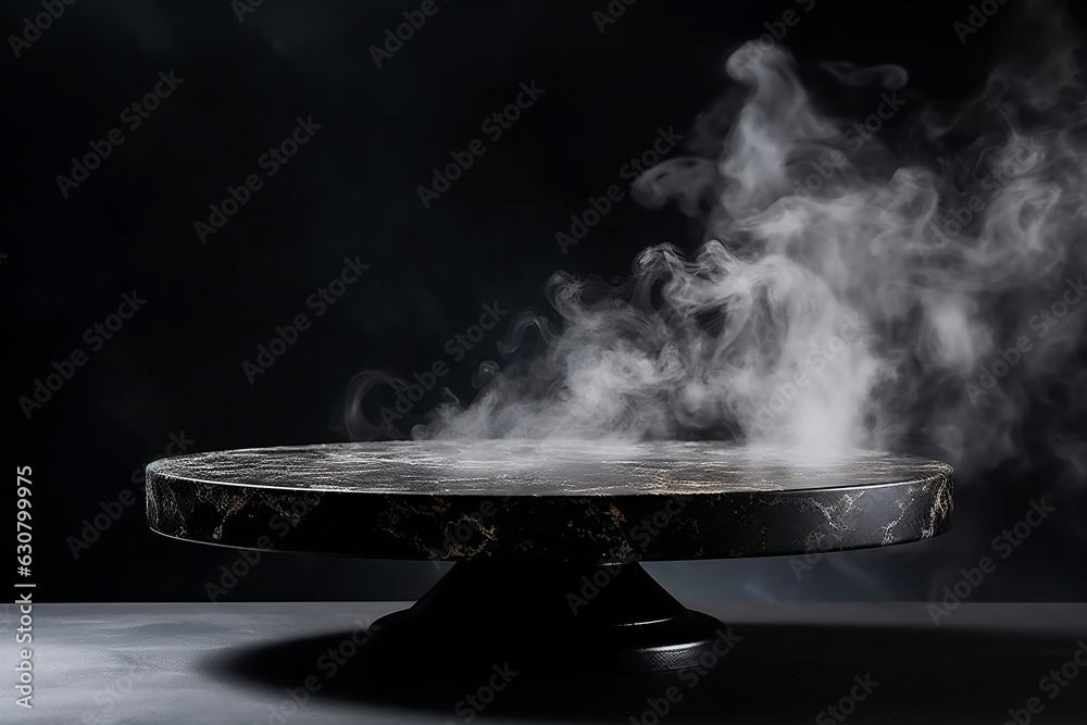 Empty round marble podium with smoke on black platform with black background for product display