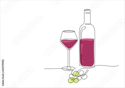 Bottle of wine with glass and grape continuous one line drawing. Single line drawing of bottle with alcohol, wineglass, glassware, fruit and color shapes. Line art style for restaurant menu, poster