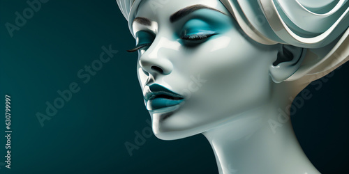 white head of a marble woman with blue lips isolated on blue background, fictional person made with generative ai