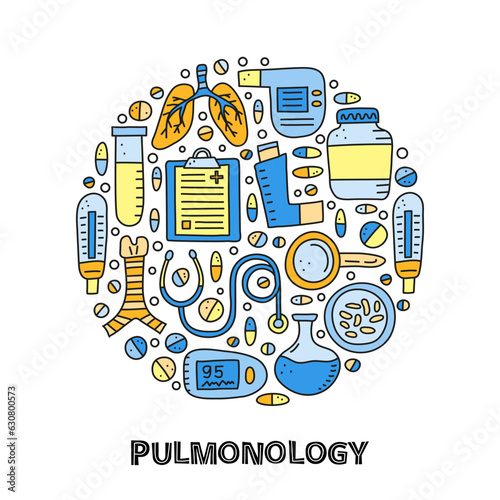 Doodle colored pulmonology items in circle.