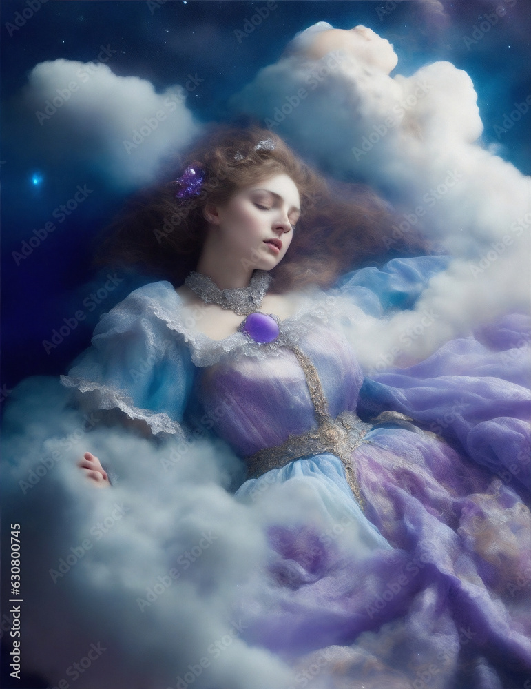 Victorian Woman asleep on a bed of clouds