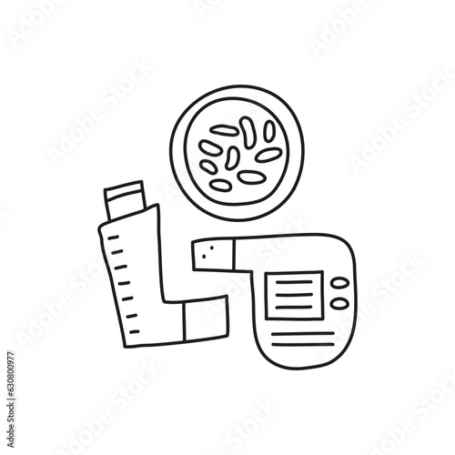 Doodle pocket inhaler, bacteria under loupe and spirometer.