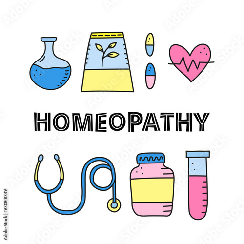 Poster with doodle colored homeopathic items.