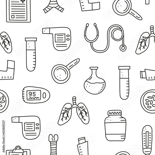 Seamless pattern with doodle pulmonology items.