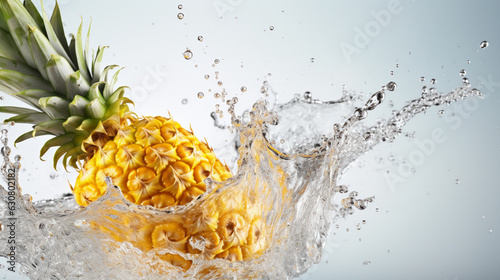 Fresh juicy pineapple fruit with water splash isolated on background, healthy tropical fruit