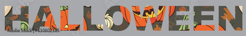
Vector colorful inscription "Halloween" with a pattern
from pumpkin and autumn leaves
for halloween party and clothing, fabric, textile, paper, 
notepad, school notebook.
