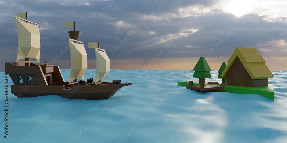 Naklejka premium 3D digital render in low poly style of pirate ship with sunny island