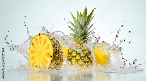 Fresh juicy pineapple fruit with water splash isolated on background, healthy tropical fruit