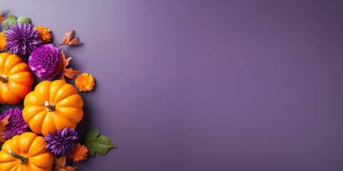 Fall pumpkins gourds and flowers flat lay, orange and purple, banner, background, copyspace, top down view, seasonal decor