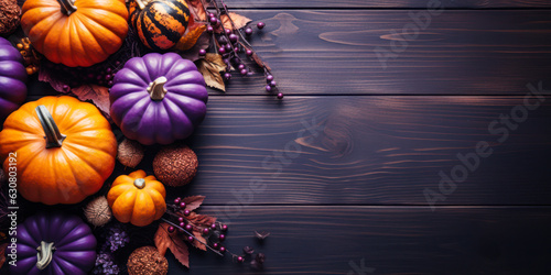 Fall pumpkins gourds on wood planks flat lay, orange and purple, banner, background, copyspace, top down view, seasonal decor
