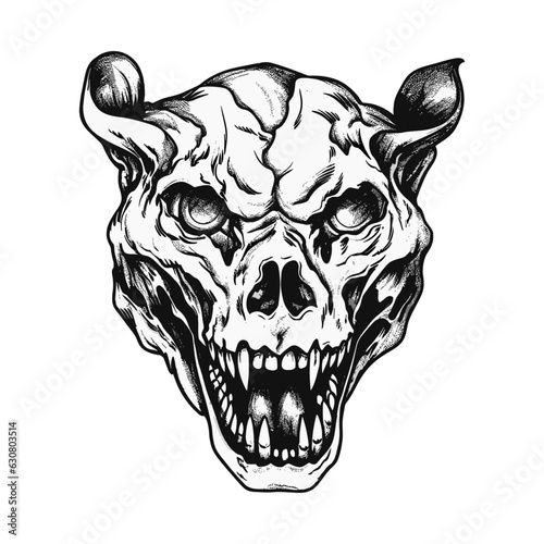 Inked Undead: Black and White Hand Drawn Zombie Tiger Head Skull Outline Design for Flash Tattoos, Coloring Pages, and Doodle Art