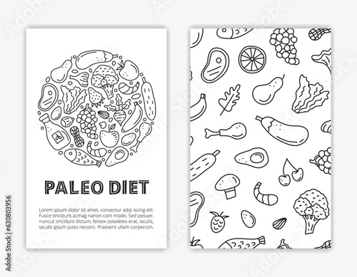Card templates with doodle paleolithic foods.