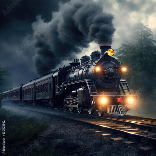 The steam train travels in the evening