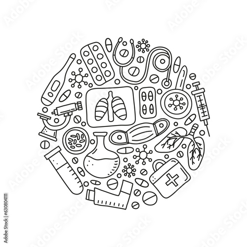 Doodle outline tuberculosis items in circle.