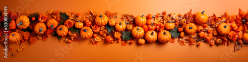 Fall pumpkins and leaves garland, wide banner, orange, background, copyspace, top down view, seasonal decor
