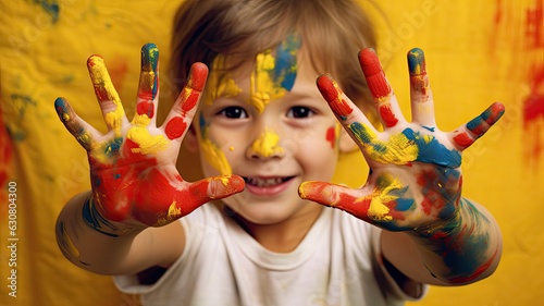 An adorable little girl grinning widely, her hands covered in bright, multicolored paint, symbolizing childhood creativity.