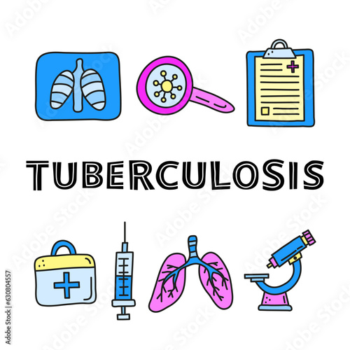 Poster with lettering and doodle colored tuberculosis items.