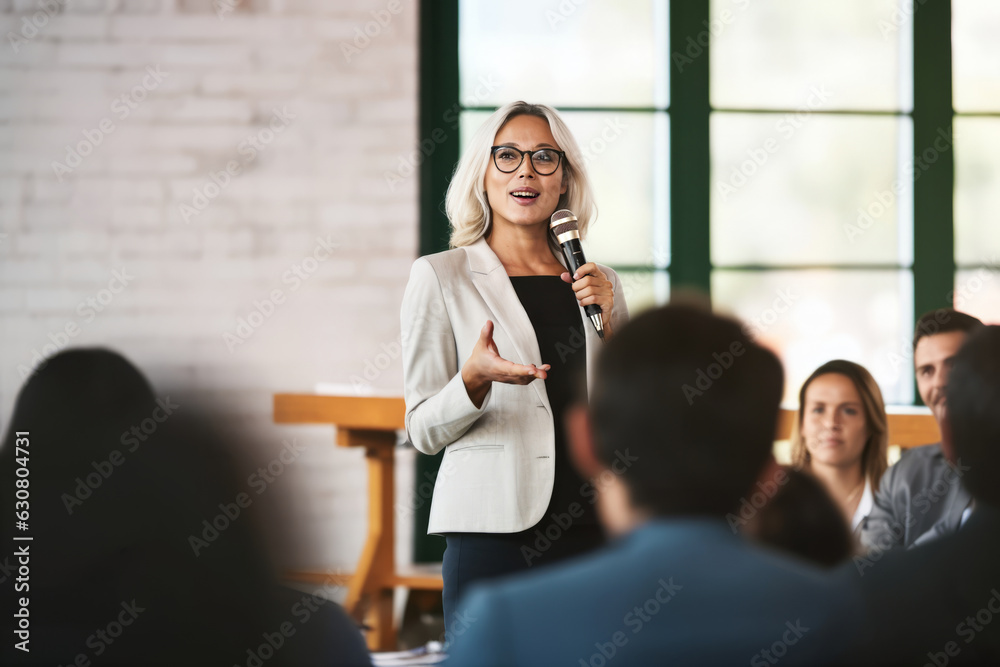 A confident female executive masterfully delivers a business presentation in a boardroom, engaging her audience during an informative workshop - obrazy, fototapety, plakaty 