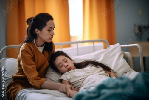 An Asian mother consoles her sick daughter in a hospital, a poignant scene showcasing love's resilience in the face of a heartbreaking cancer battle