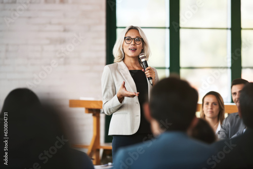 Foto A confident female executive masterfully delivers a business presentation in a b