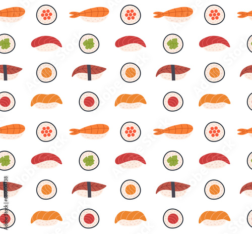 Sushi rolls and nigiri seamless pattern on white pattern. Design for menu, restaurant, delivery, cafe. Vector illustration.