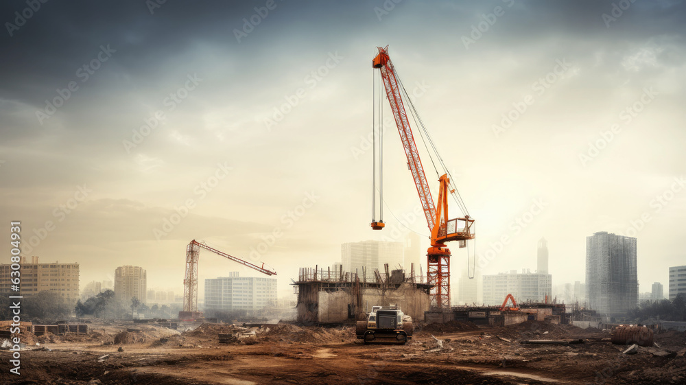 photograph of Construction site with crane and building