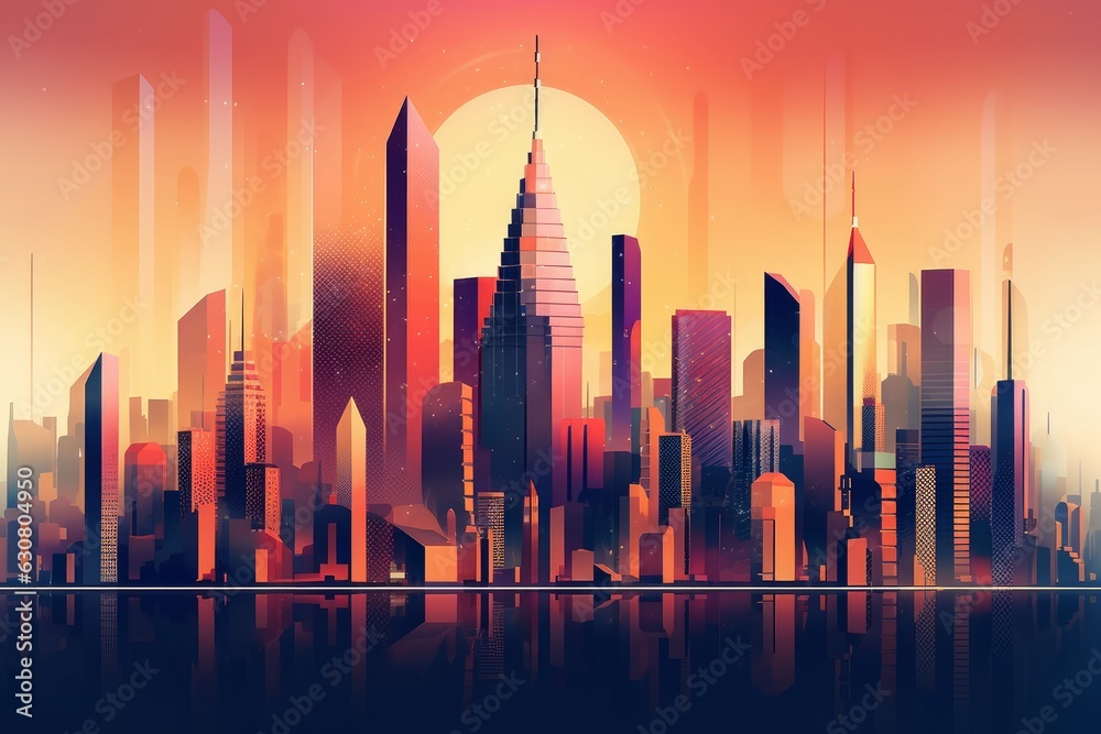 A city with tall buildings and a sunset in the background