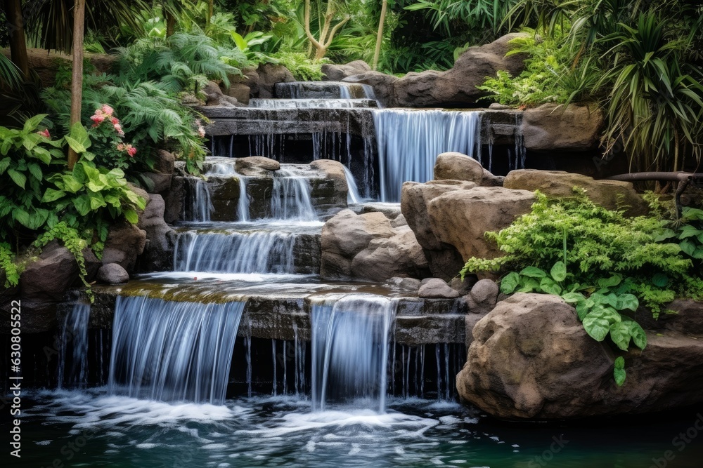 Naklejka premium A waterfall in the middle of a tropical garden