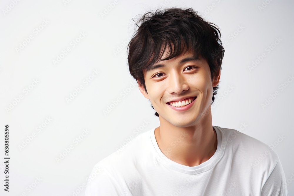 Radiant and cheerful Asian young man showcasing a warm smile against a clean, white background Radiant and cheerful Asian young man showcasing a warm smile against a clean, white background