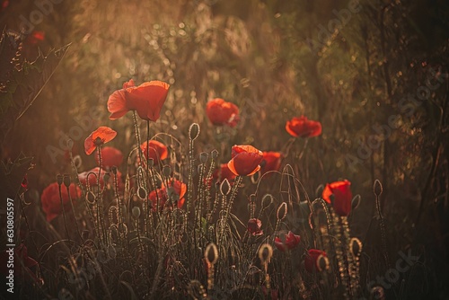 some red poppies and other plants on a grassy field