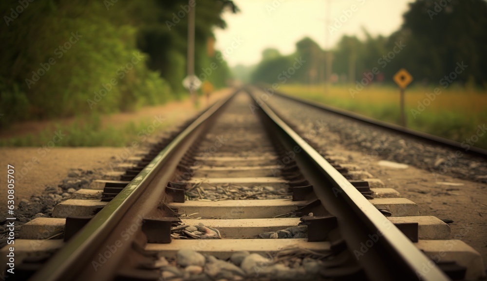 Fototapeta premium Illustration of railway at sunset on scenic summer background. Outdoor backdrop with copy space.