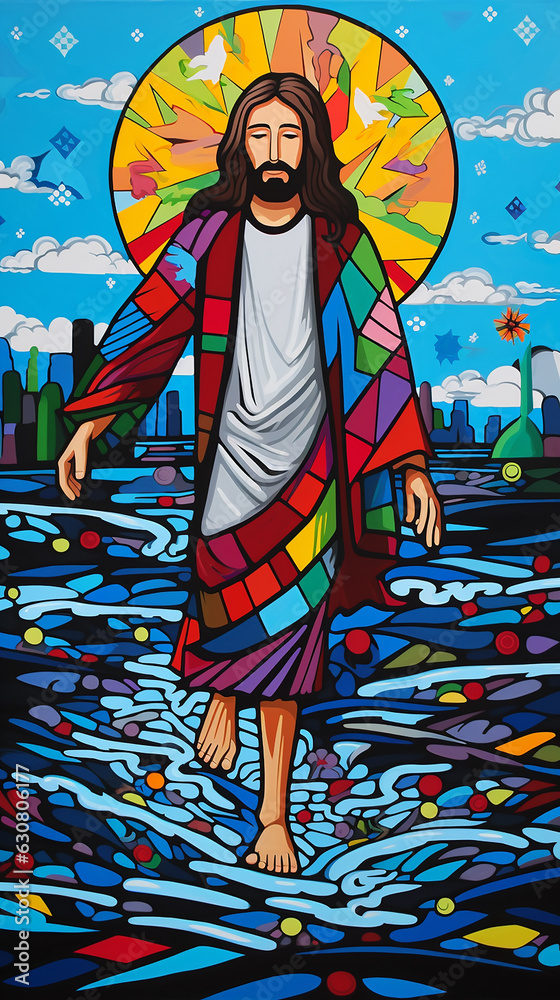 jesus sobre as águas, arte cubismo colorida 