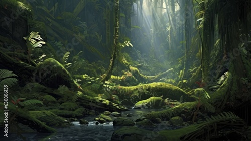 A painting stream running through a lush green forest
