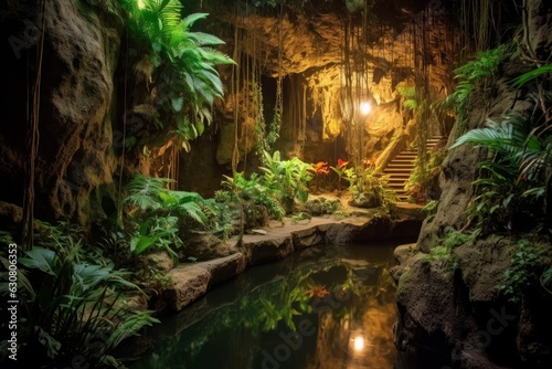 A cave with a pool of water surrounded by greenery