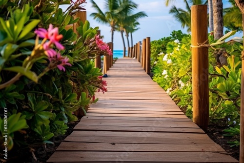 A wooden walkway leading to a beach with palm trees