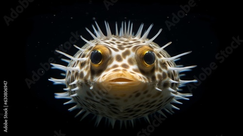 A close up of a puffer fish on a black background