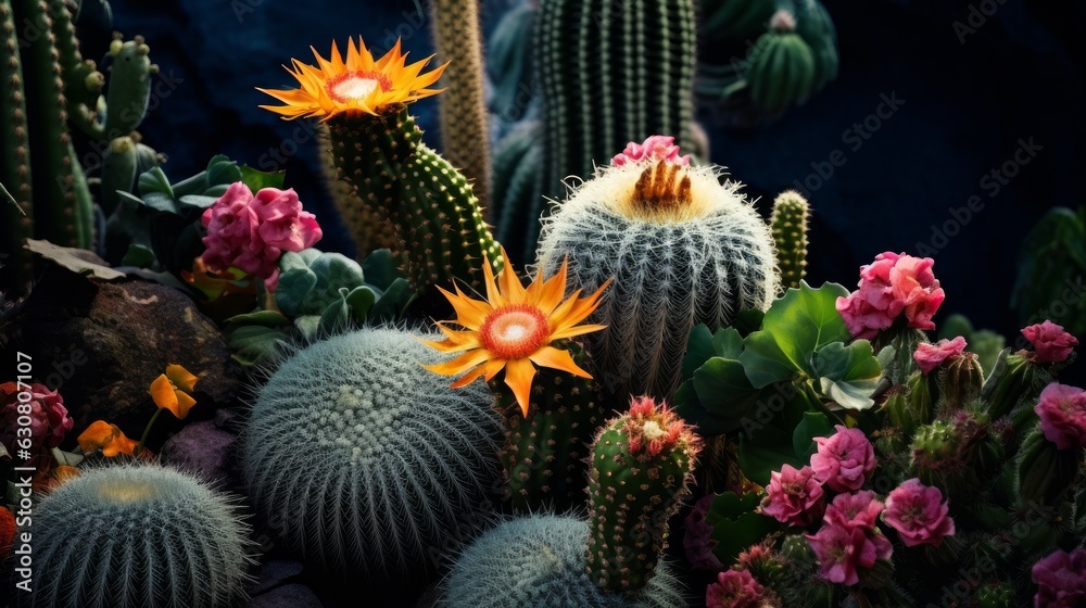 Obraz premium A group of cacti and other plants in a garden