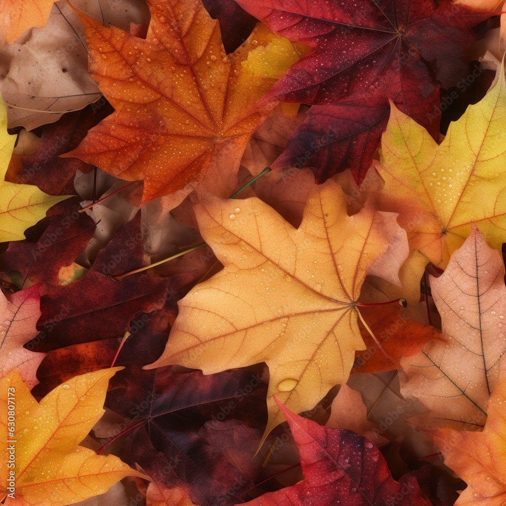 Seamless pattern with bright autumn maple leaves. Red, orange and yellow colors. Beautiful nature background. Endless texture for wrapping paper or textile design.