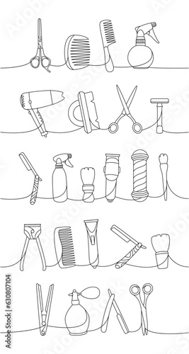 Barber shop one line continuous drawing. Makeup brush, hair clipper, comb, hair straightener, scissors, hair dryer continuous one line illustration.