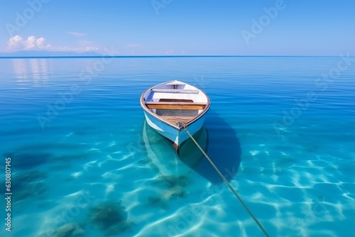 A small boat floating on top of a body of water