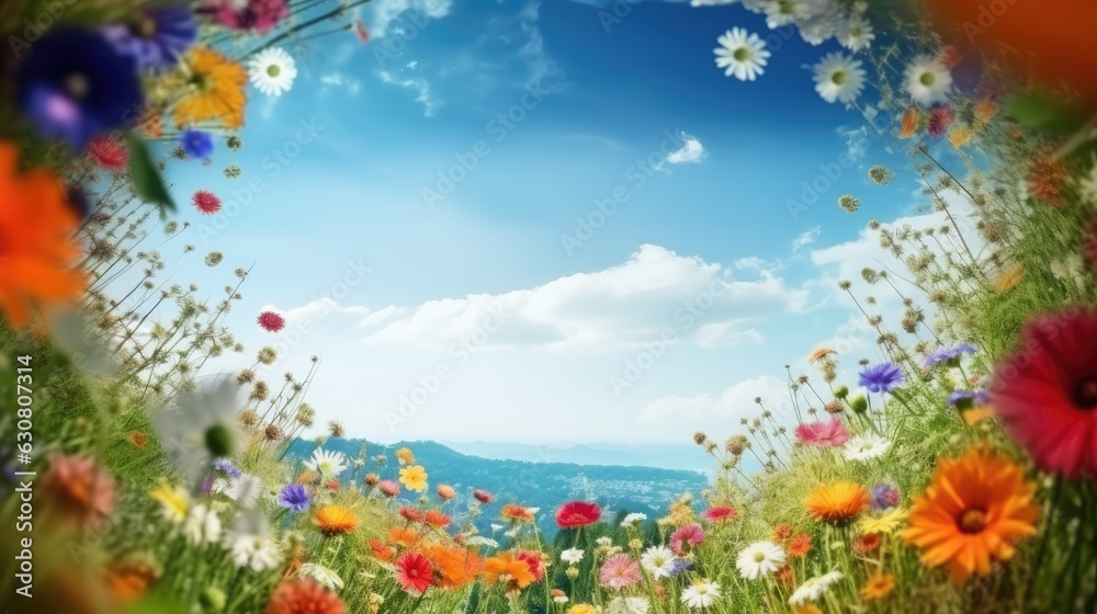 Fototapeta premium Beautiful sunny field full of different flowers. Round floral border or frame. Sunny meadow with wildflowers. Outdoor background with blue sky and copy space.