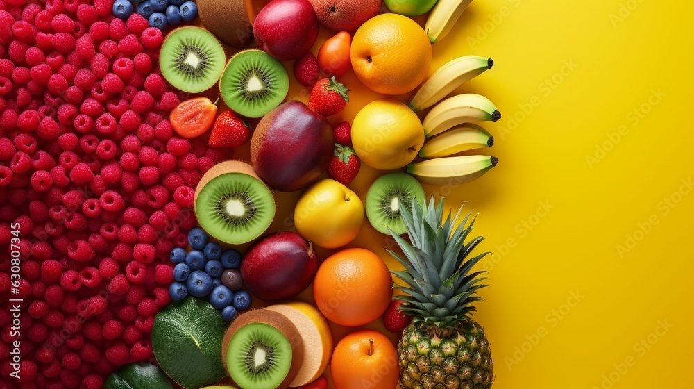 A bunch of different types of fruit on a yellow background