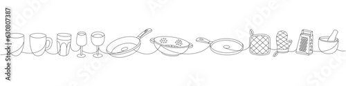 Kitchen utensils one line continuous drawing. Cup, wineglass, frying pan, colander, hand steel grater, mortar, rolling pin one line illustration.
