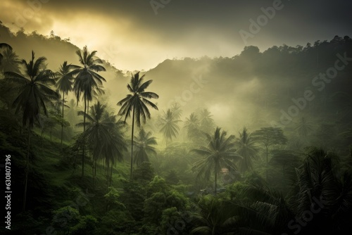 A forest filled with palm trees under a cloudy sky